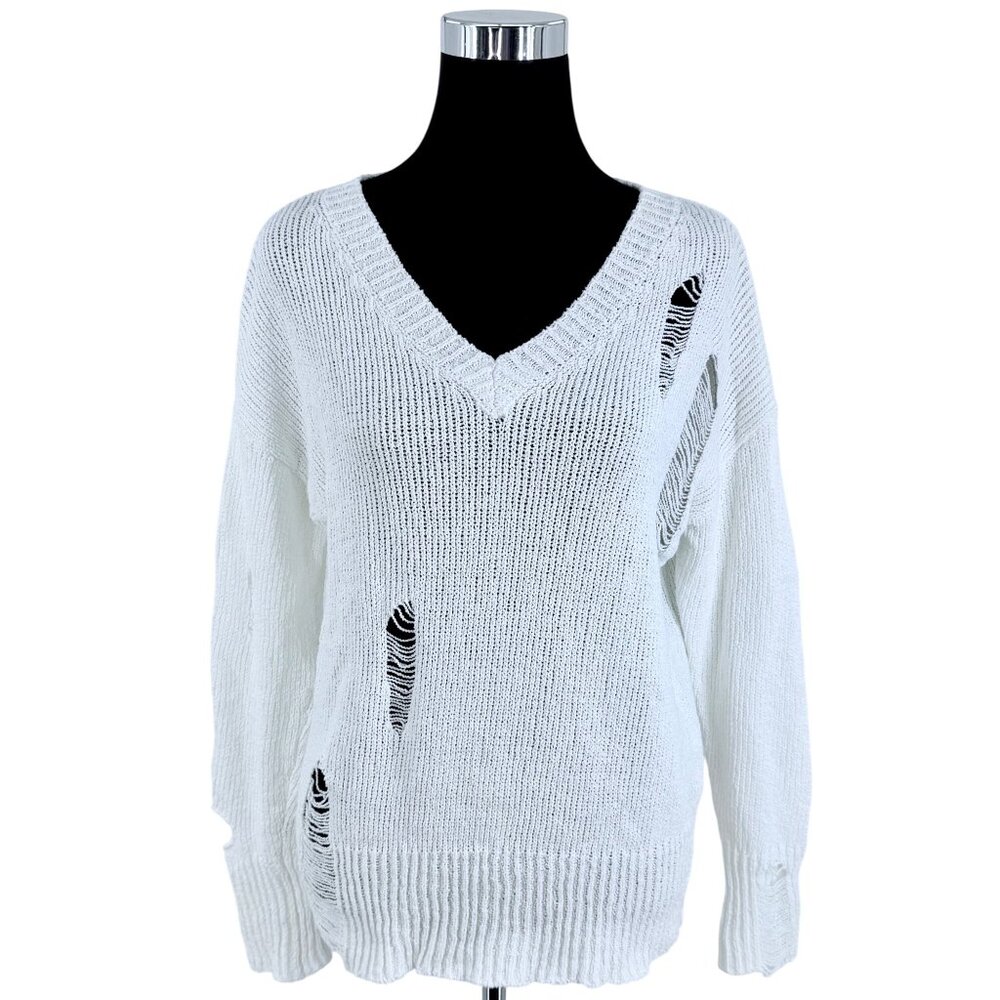 Vtg 90s Saks Fifth Avenue White Distressed V-Neck Sweater | Grunge Indie Sleaze - Picture 8 of 16